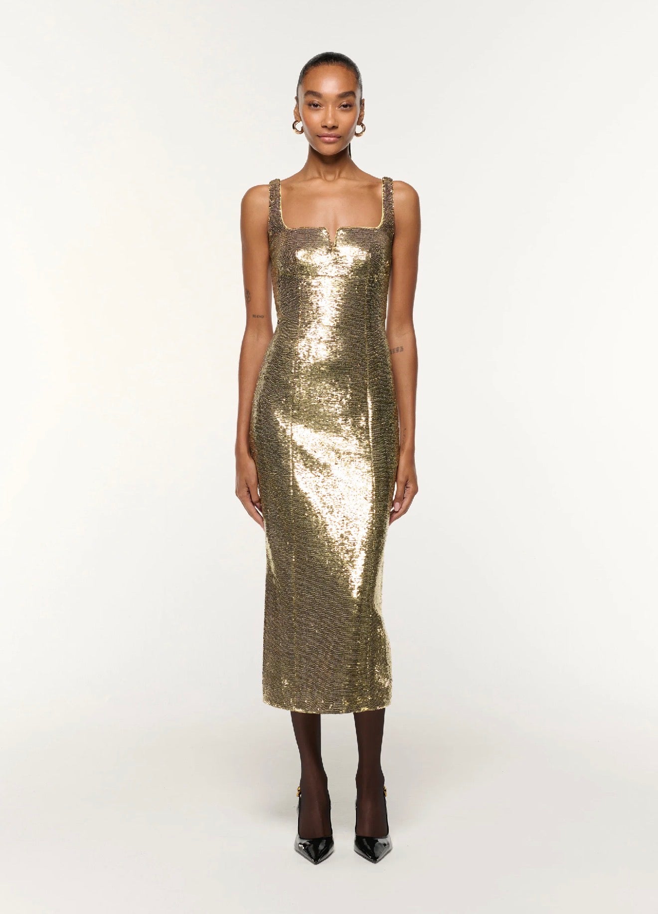 RM Gold Square Neckline Sequin Cocktail Midi Dress