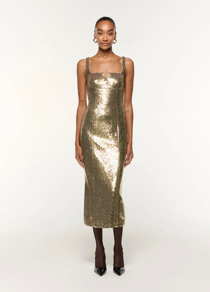 RM Gold Square Neckline Sequin Cocktail Midi Dress