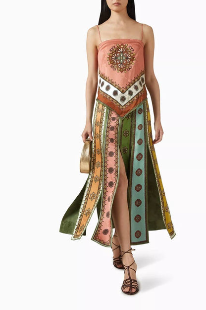 ALM Contina Printed Scarf Cami Top | Midi Maxi Slit Skirt | Jacquard Viscose Set