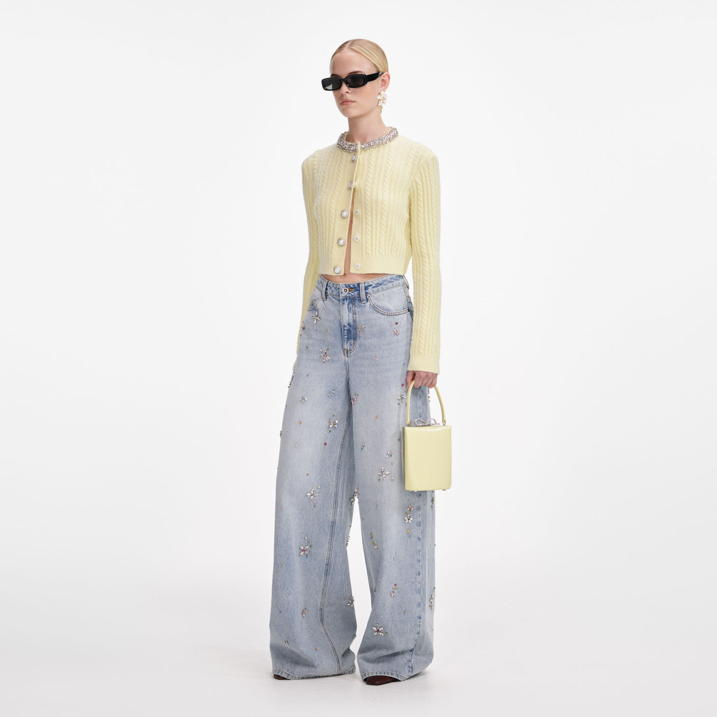 SP Yellow Wool-Alpaca Cable Knit Embellished Cropped Cardigan