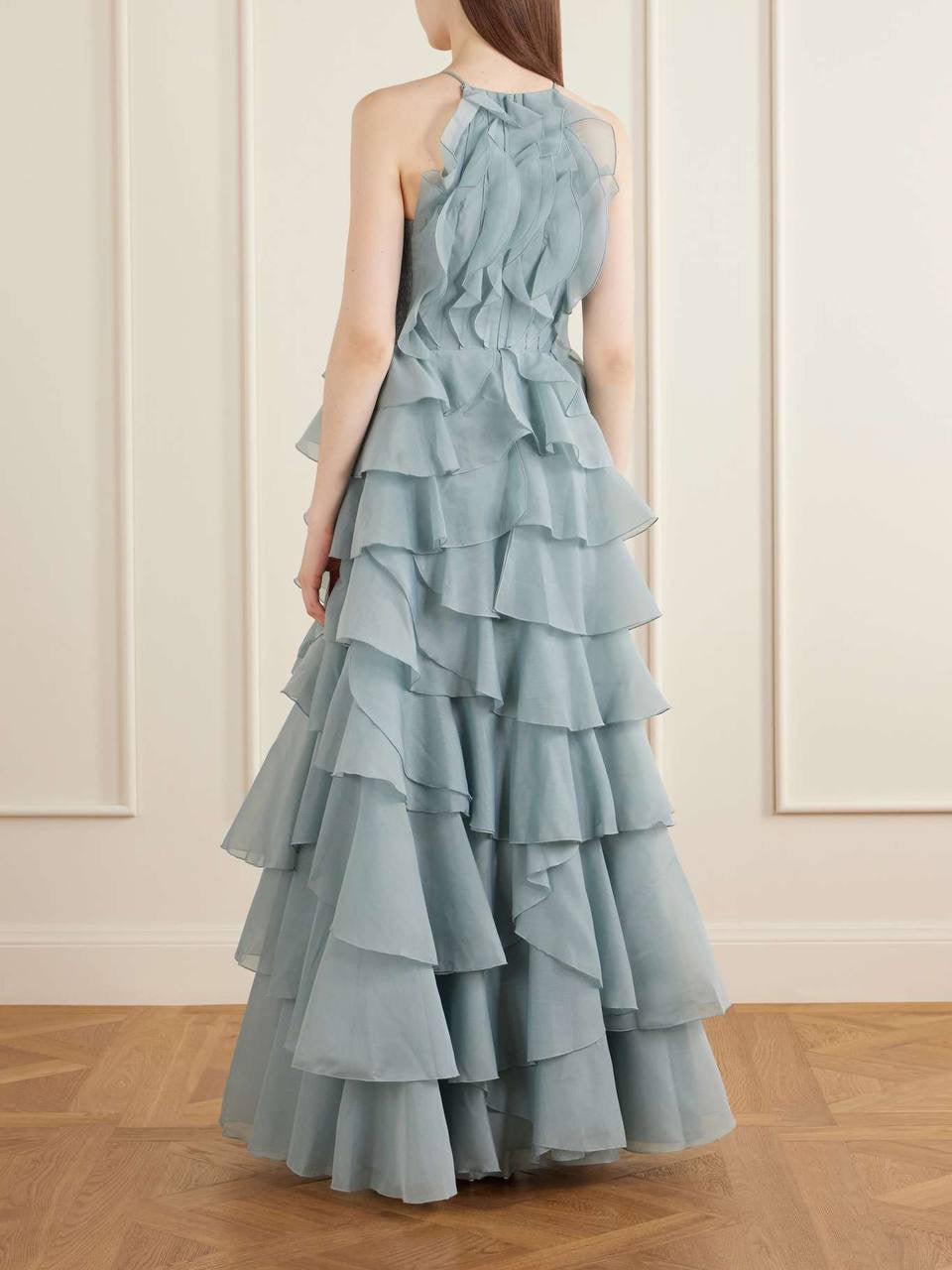 AJ Cleo Ruffle Tiered Organza Keyhole Gown Maxi Dress