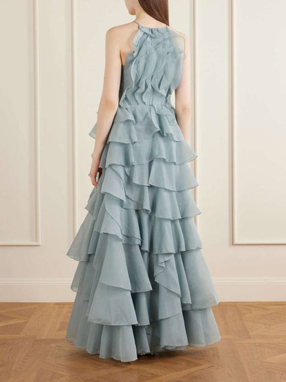 AJ Cleo Ruffle Tiered Organza Keyhole Gown Maxi Dress