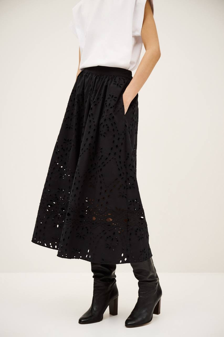 BA Bela Embroidered Eyelet Flared Organic Cotton Midi Skirt