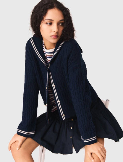 MJ Mirayalo Wool Cable-Knit Sailor Boat Neck Cardigan