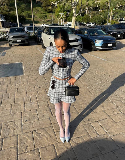 SP Blue Check Knit Cropped Cardigan | Mini Skirt | Set