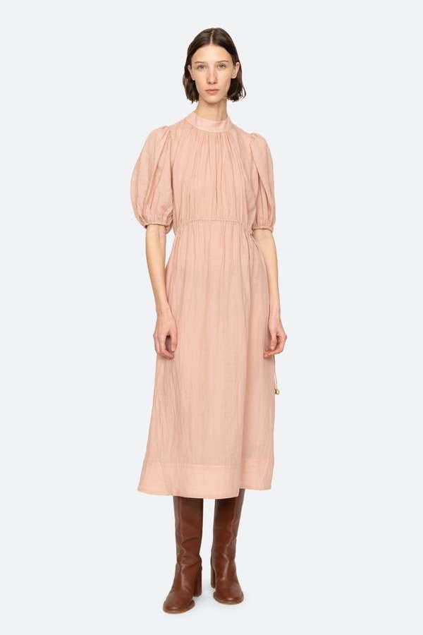 SE Anise S/S Short-Sleeved Ramie Puff Midi Dress (with detachable cotton slip)