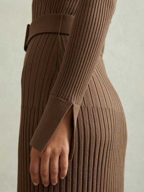 RS Vinette Ribbed Funnel Neck Belted Midi Dress