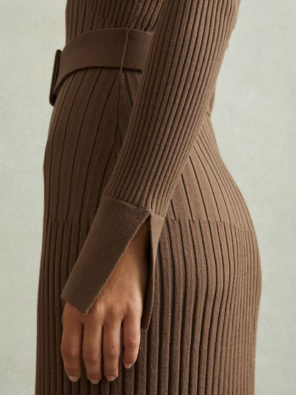 RS Vinette Ribbed Funnel Neck Belted Midi Dress