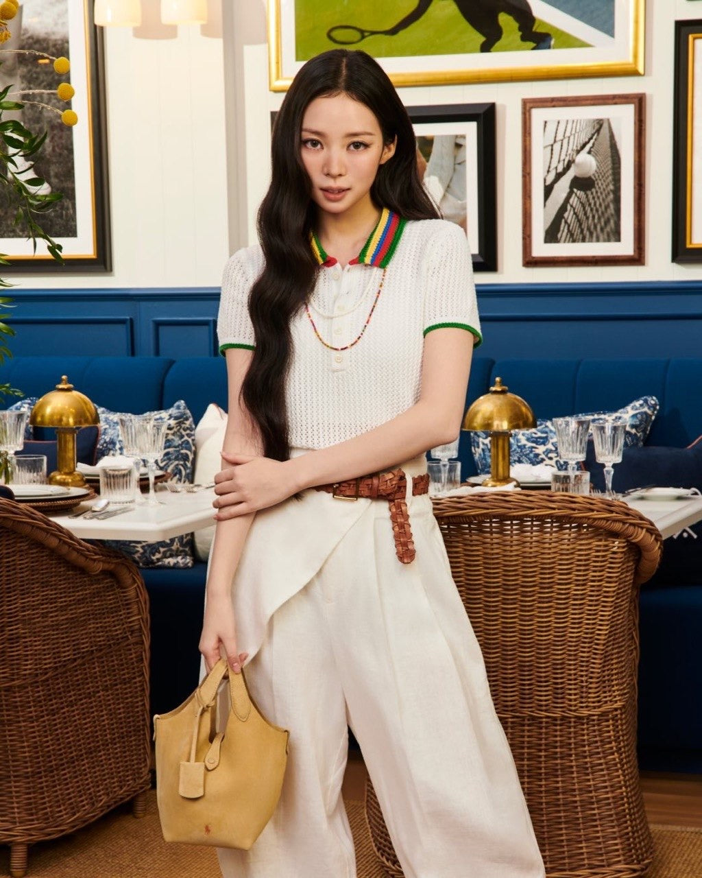 RL Pointelle Stripe Cotton-blend Polo Shirt Top with Rainbow Collar