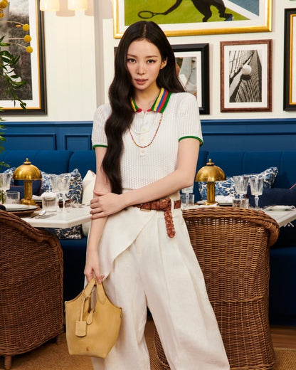 RL Pointelle Stripe Cotton-blend Polo Shirt Top with Rainbow Collar