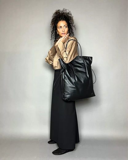 TR Polly Smooth Calfskin Leather Drawstring Tote Bag