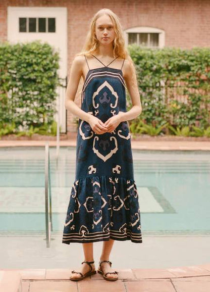 SE Blaise Linen Print Spaghetti Strap Dress