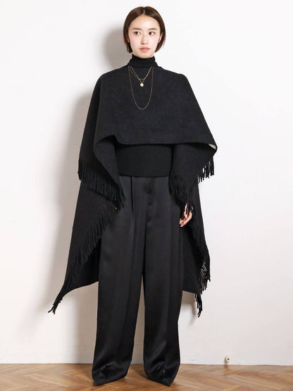 Tot Fringed High-Low Wool-blend Poncho Cape