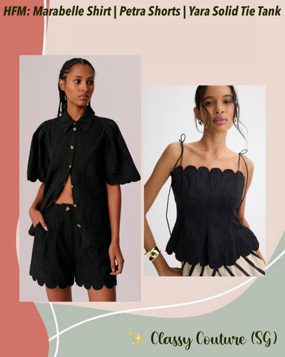HFM Marabelle Shirt | Petra Shorts | Yara Cami Strap Top | Cotton-Linen Black Scallop-detail Set