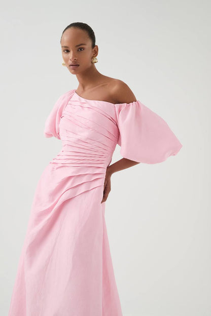 AJ Cadence Viscose-Linen Ruched Midi Dress