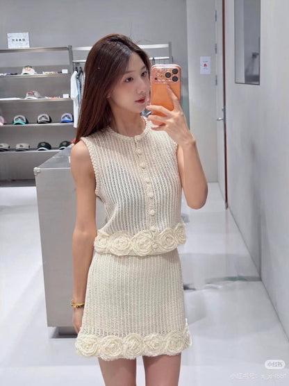 SP Crochet Flower Knit Shirt | Mini Skirt