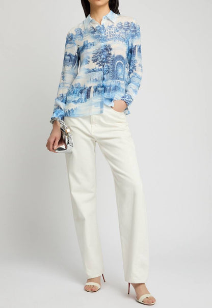 AO Willa Long Sleeved Silk Blouse Shirt in Chateau Blue
