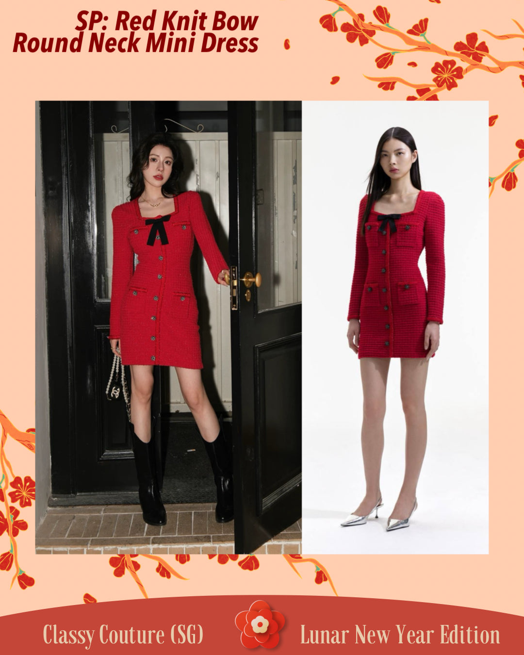 SP Red Knit Bow Round Neck Mini Dress