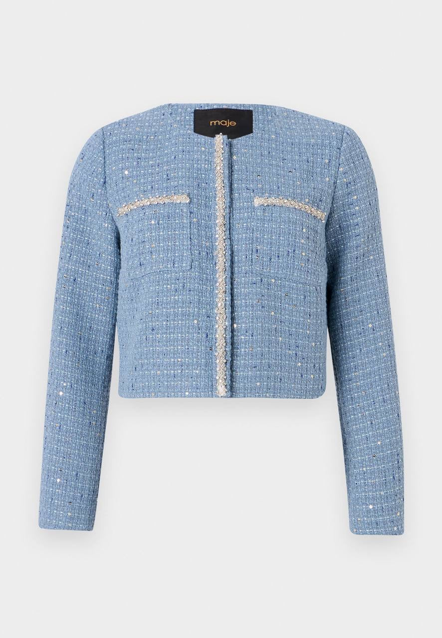 MJ Vilya Blue Cropped Embellished Tweed Jacket Blazer