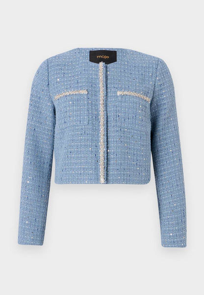 MJ Vilya Blue Cropped Embellished Tweed Jacket Blazer