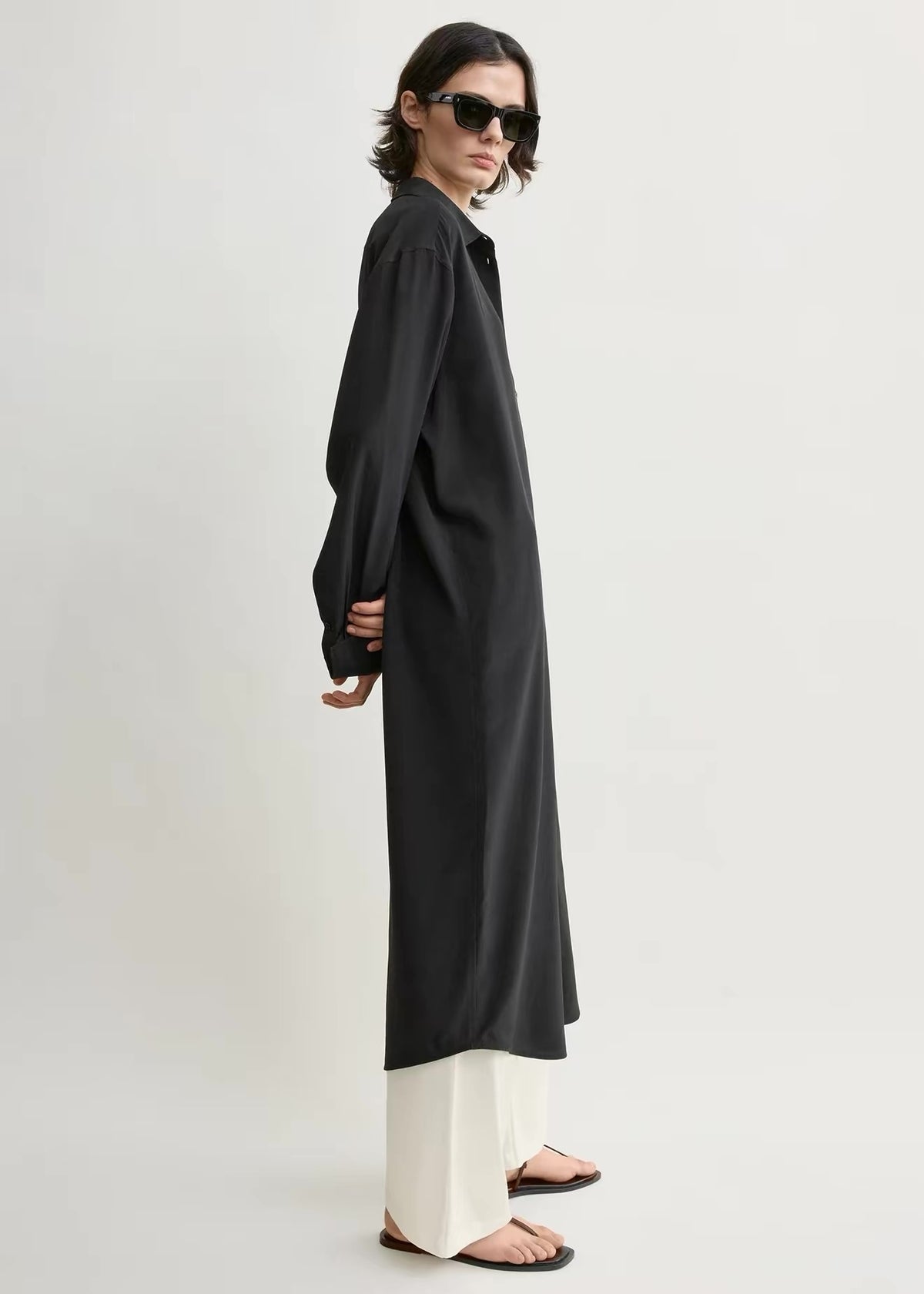 TOT Silk Shirtdress Midi Dress / Long Shirt in Black & Brown