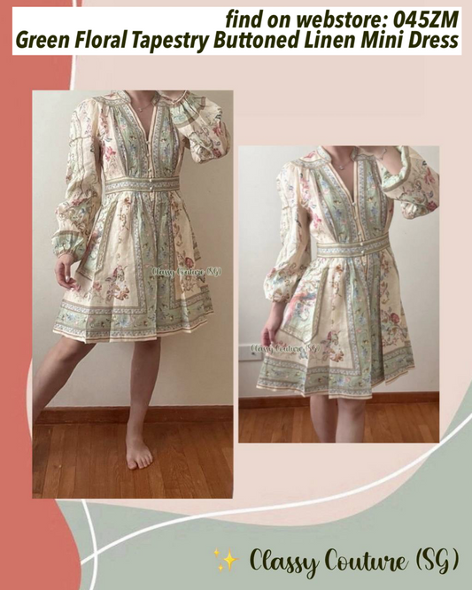 045ZM Green Floral Tapestry Buttoned Linen Mini Dress