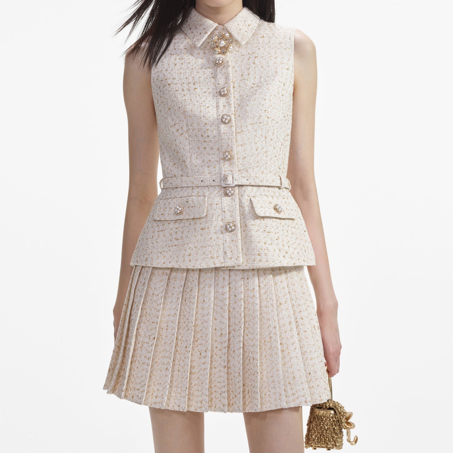 SP Pink Sequin | Cream Metallic Boucle Tailored Mini Dress