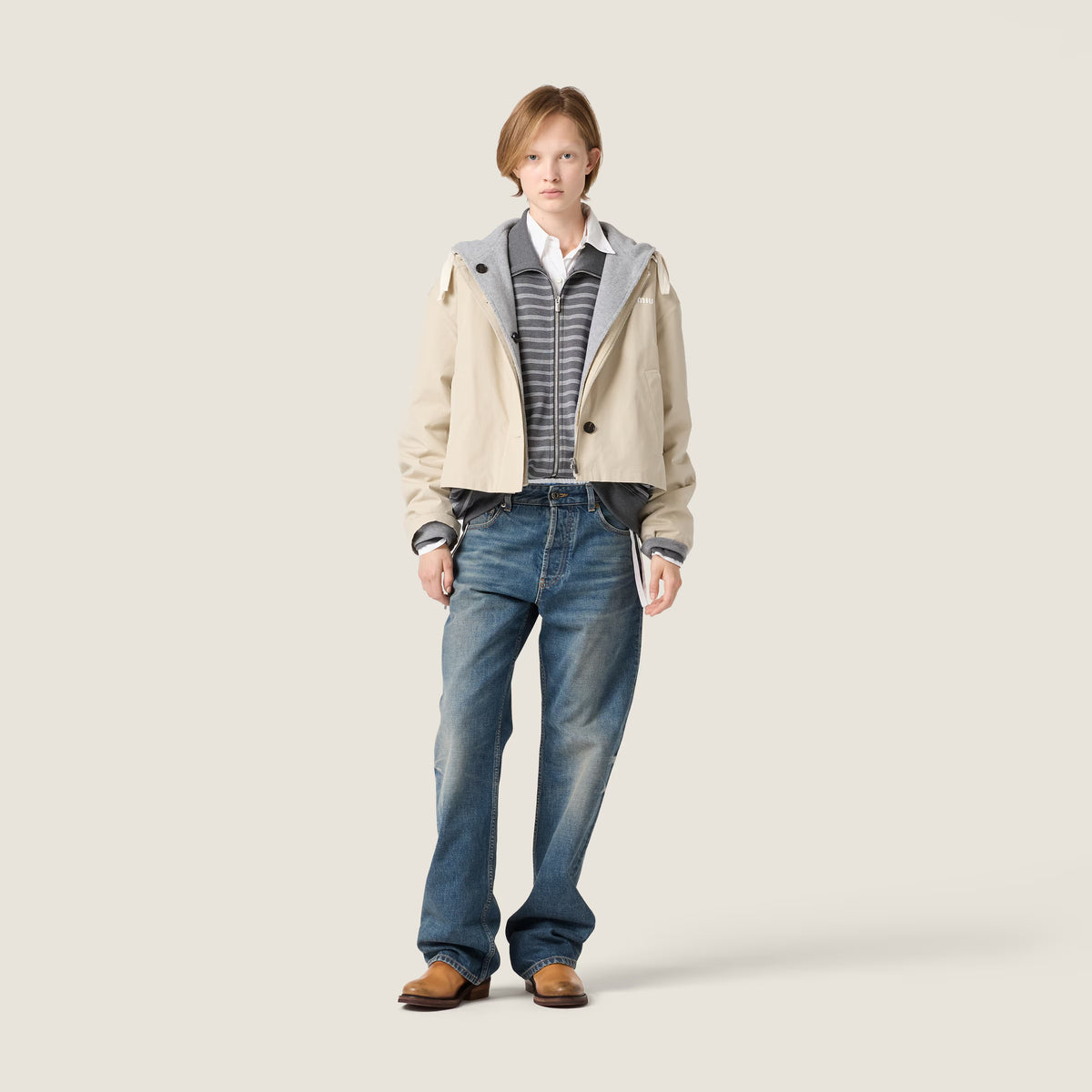 MM Grey White Striped Cotton Fleece Jacket