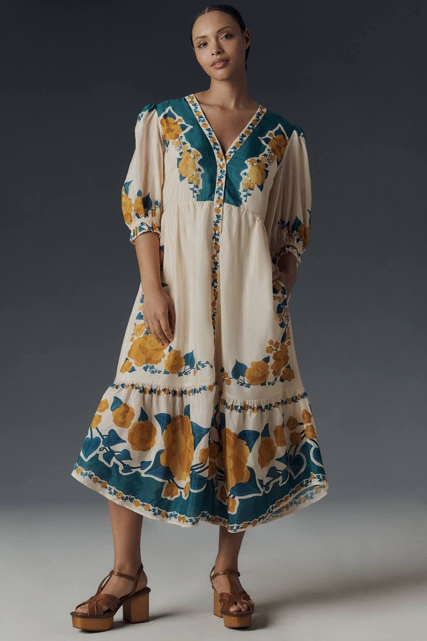 FR Anthro Viscose Puff-Sleeve Printed Midi Dress