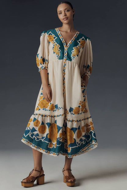 FR Anthro Viscose Puff-Sleeve Printed Midi Dress