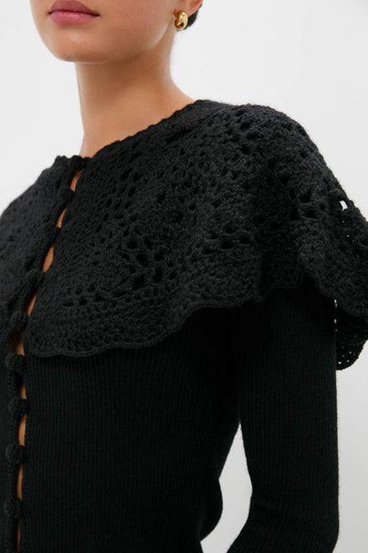 SE Black Nara Crochet Long Sleeve Cardigan Top With Capelet