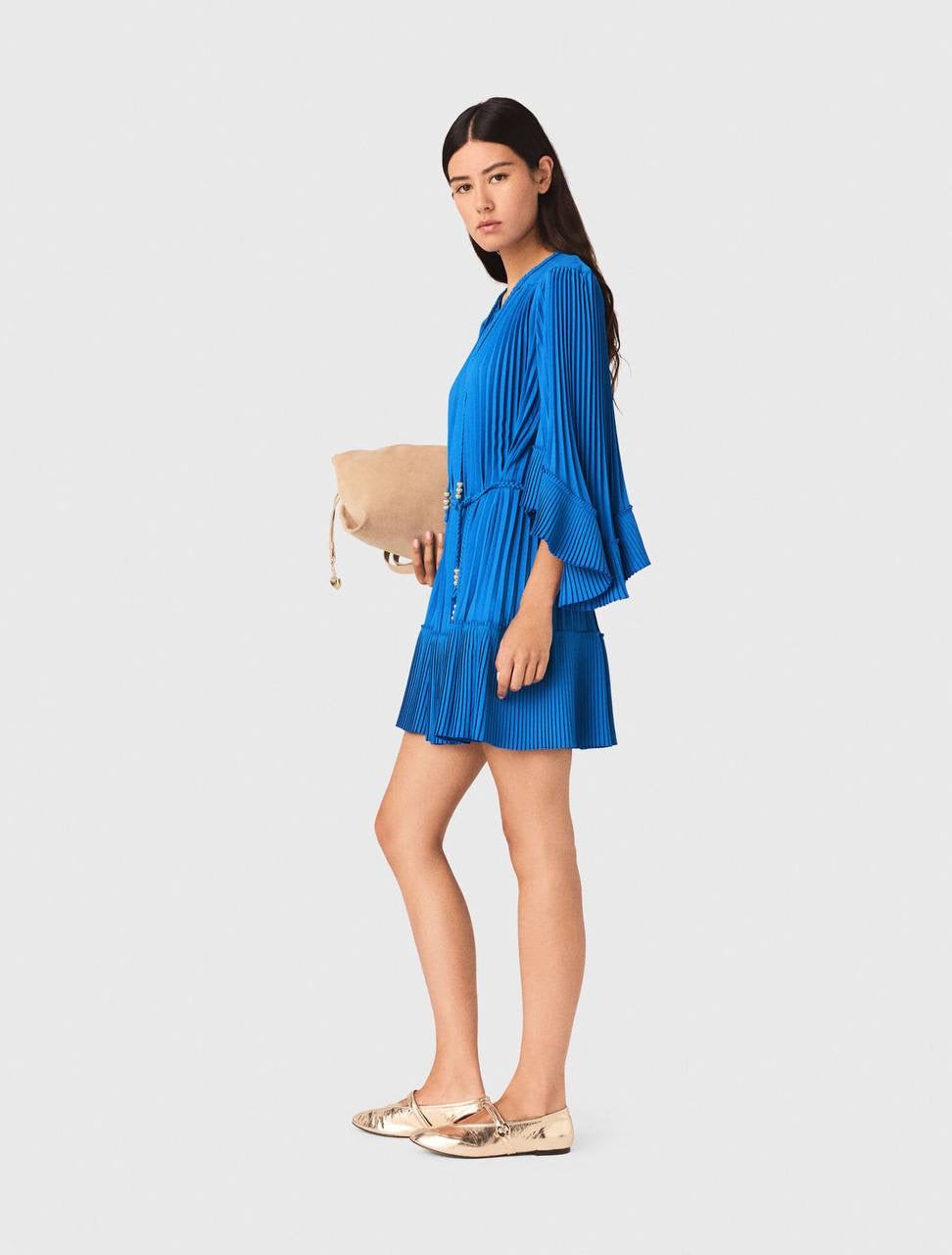 MJ Pleated Braided Drawstring Bell-sleeve Mini Dress