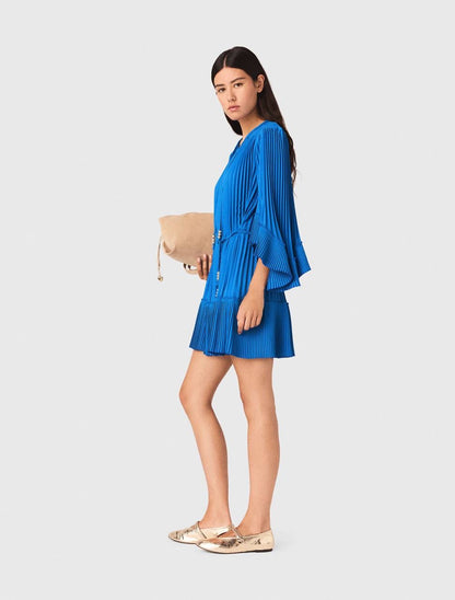 MJ Pleated Braided Drawstring Bell-sleeve Mini Dress