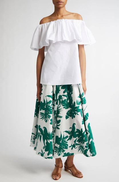 MM Idoneo Tropical Print Pleated Cotton Midi Skirt