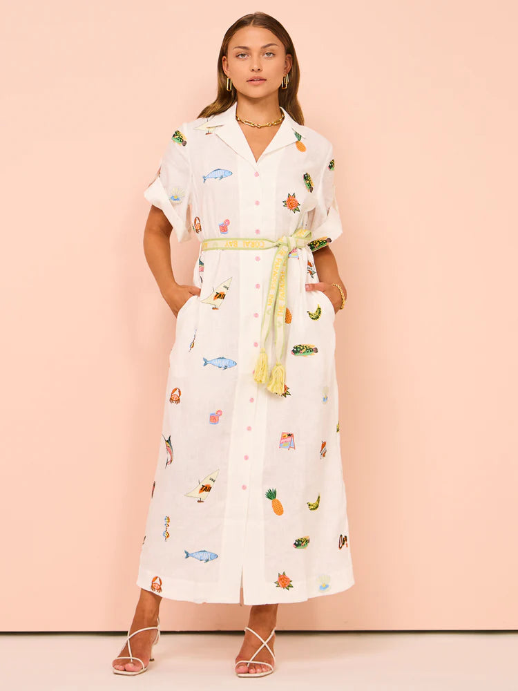 ALM Blue Marlin Embroidered Linen Midi Dress