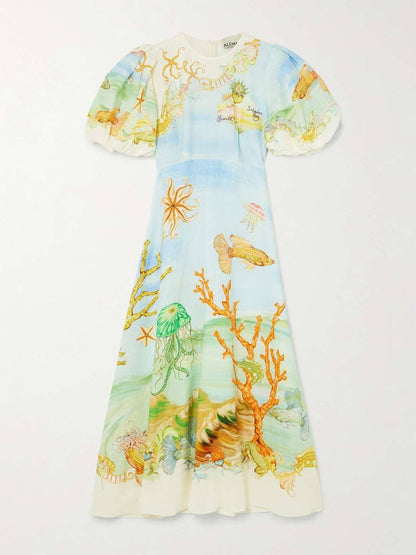 ALM Emerald Cove Printed Puff Sleeve Linen Midi Dress