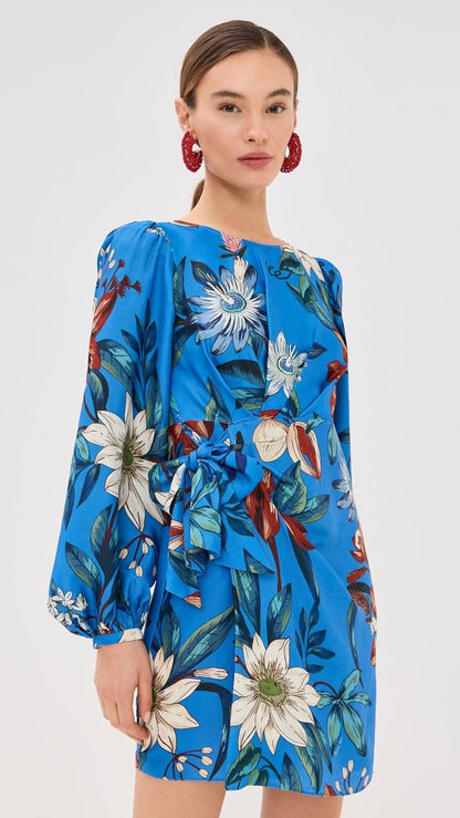 FR Blue Surreal Flowers Viscose Wrap Mini Dress