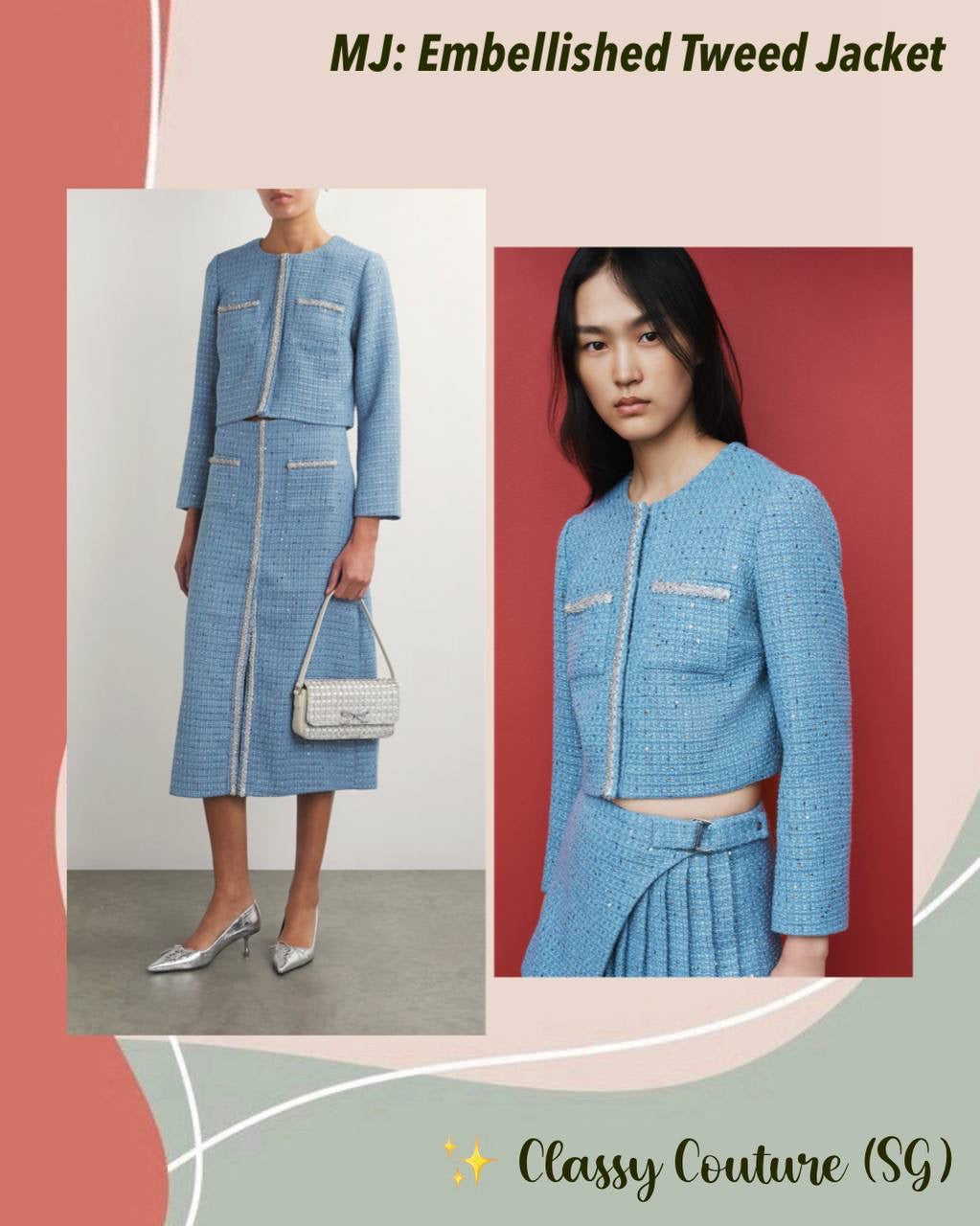 MJ Vilya Blue Cropped Embellished Tweed Jacket Blazer