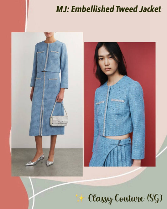 MJ Vilya Blue Cropped Embellished Tweed Jacket Blazer