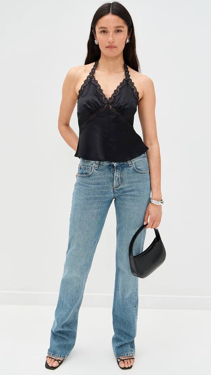 6 Colors! Ref Monica Silk Halter Lace Trim Top