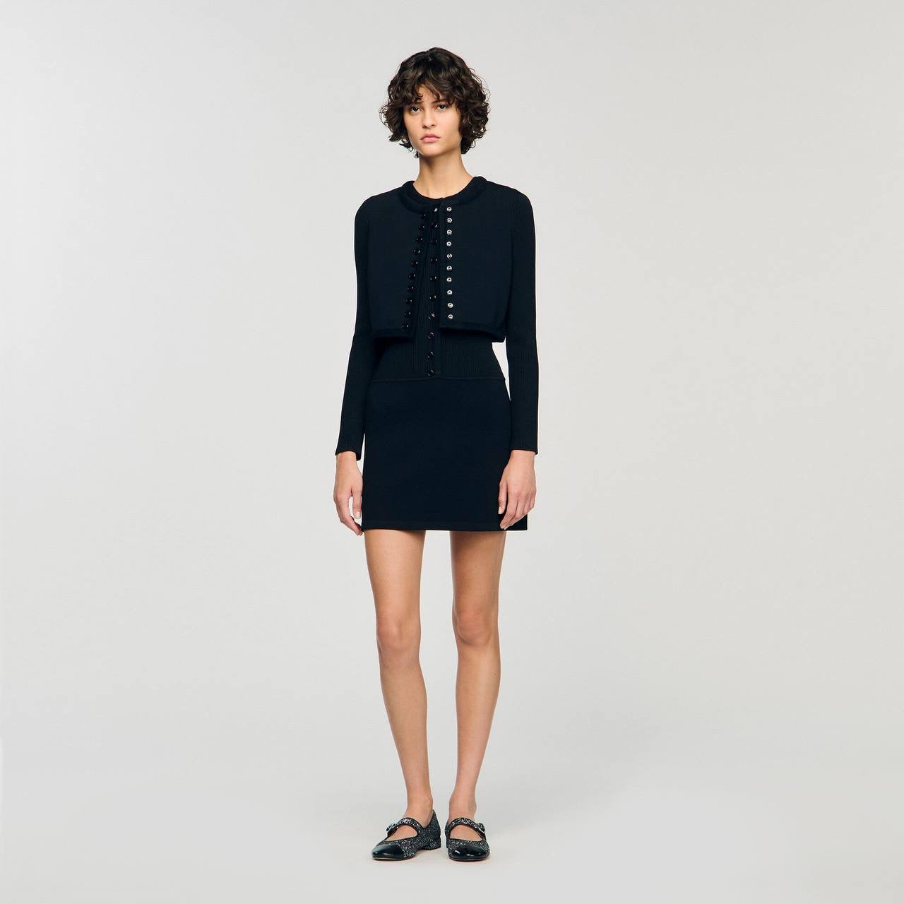 SD Black Rib Knit Cropped Cardigan | Mini Dress | Set