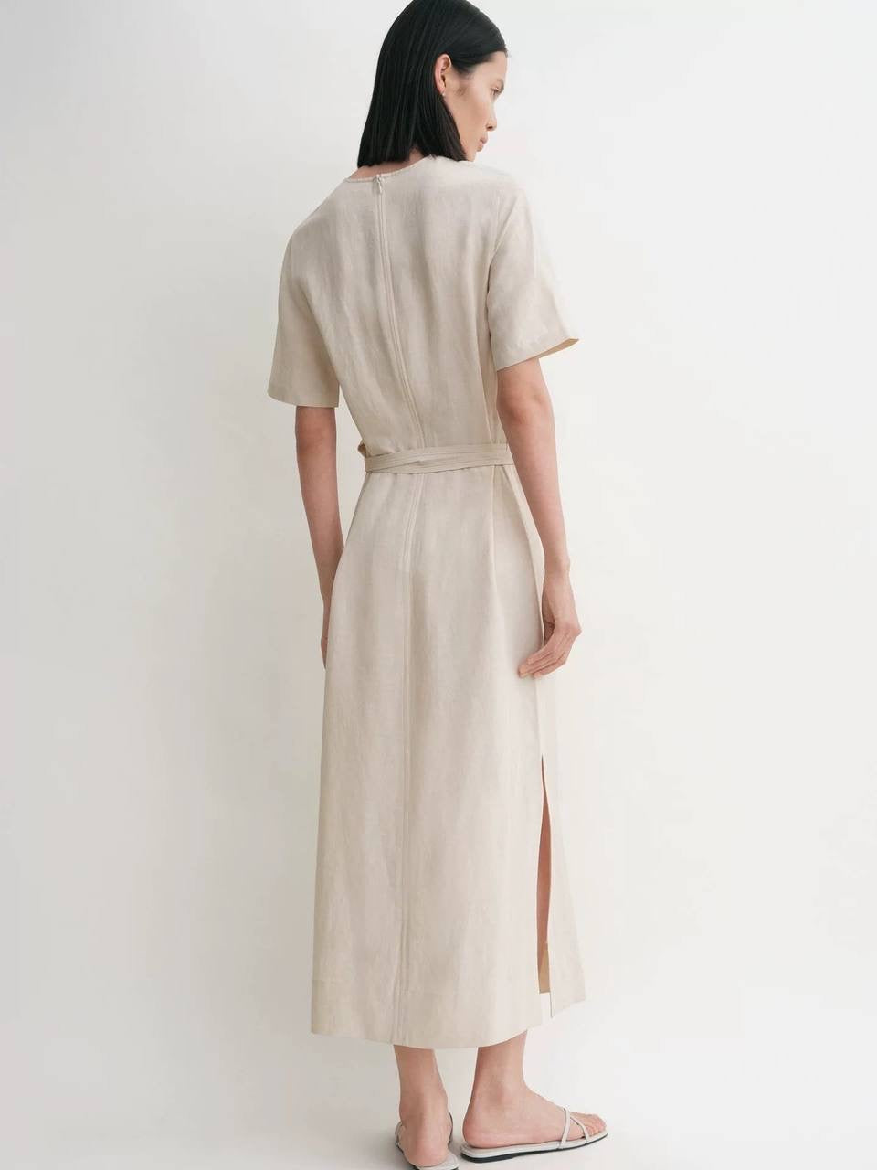 Tot Fluid Short Sleeved Tie Waist Shirtdress Lyocell-Linen Midi Dress