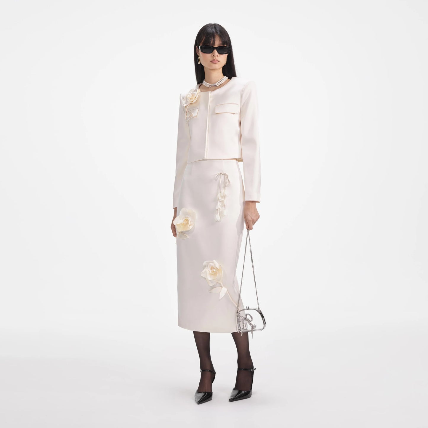 SP Cream 3D Flower Satin Jacket | Midi Skirt