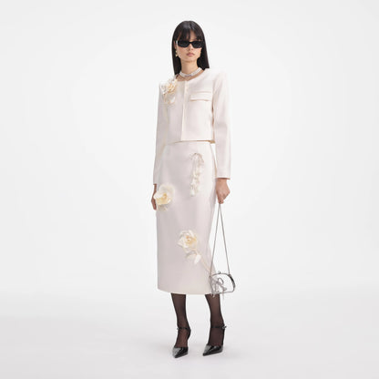 SP Cream 3D Flower Satin Jacket | Midi Skirt