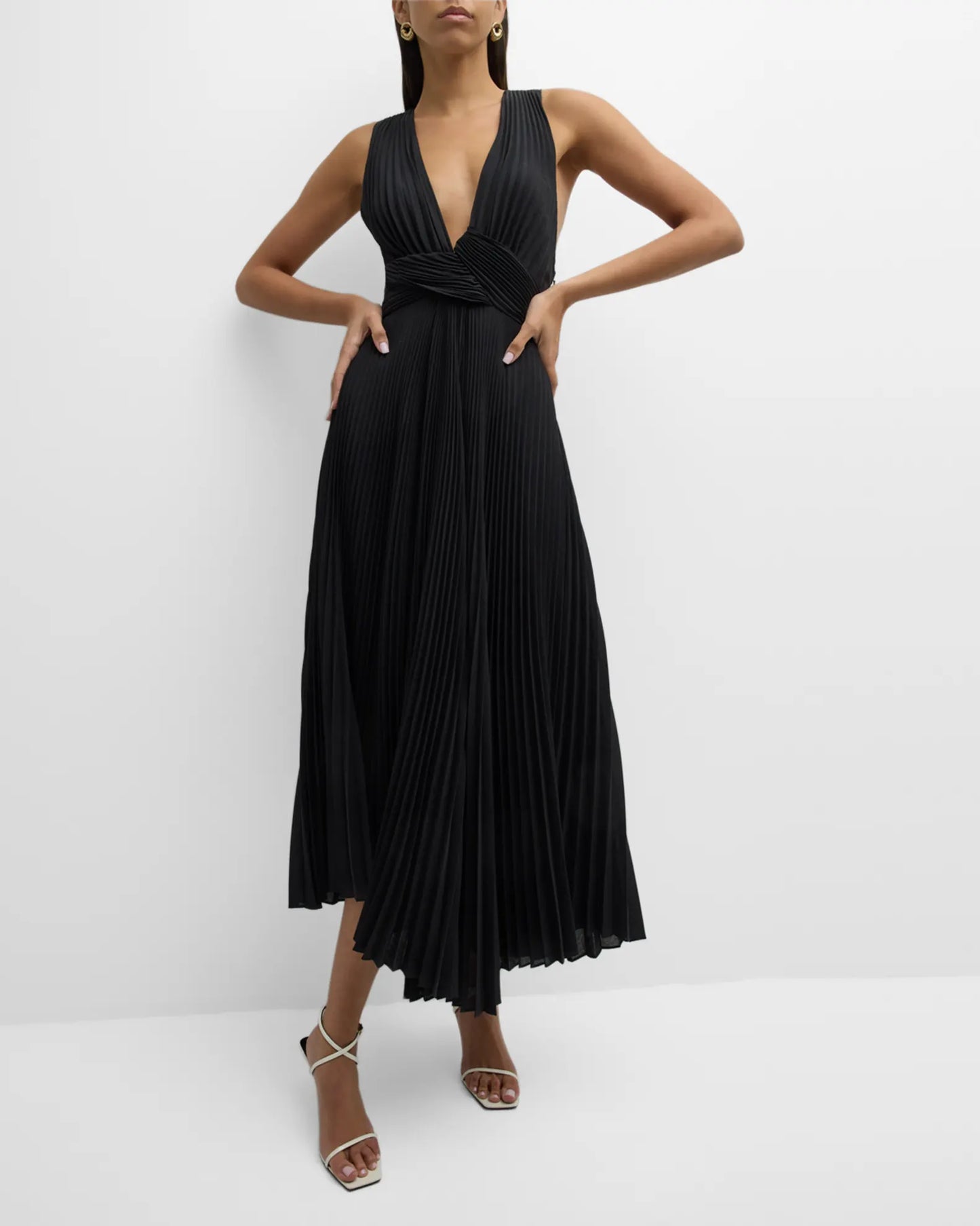 ALC Everly Pleated V Neck Midi Dress