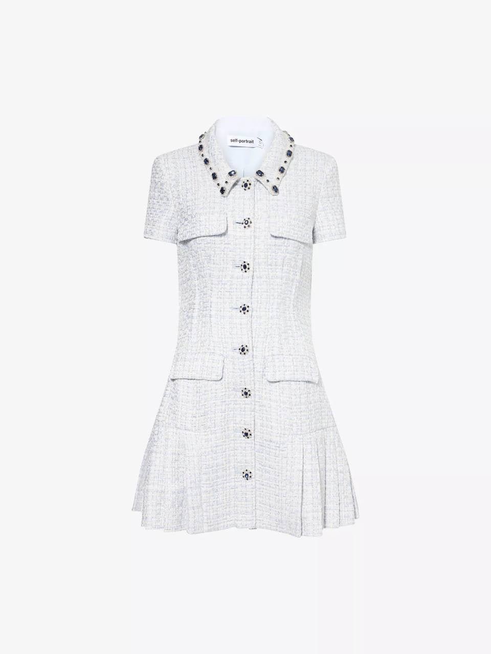 SP Diamante-trim Blue Boucle Pleated Skirt Mini Dress