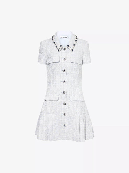 SP Diamante-trim Blue Boucle Pleated Skirt Mini Dress