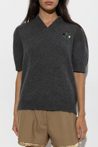 MM Grey Flower-Embroidered Short-Sleeve Wool-cashmere Jumper Top