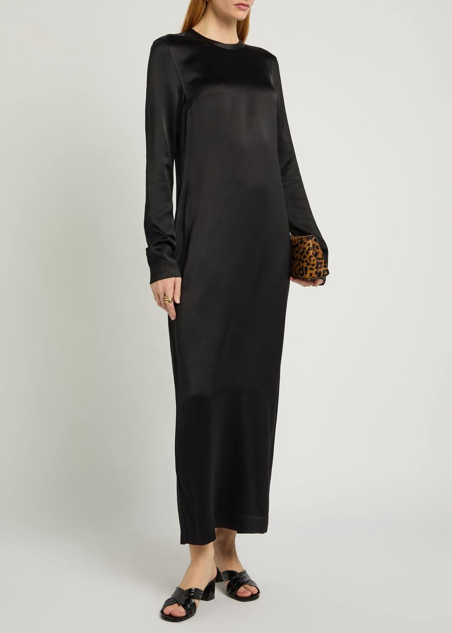 TOT Viscose Satin High-Neck Long Sleeve Midi Maxi Dress