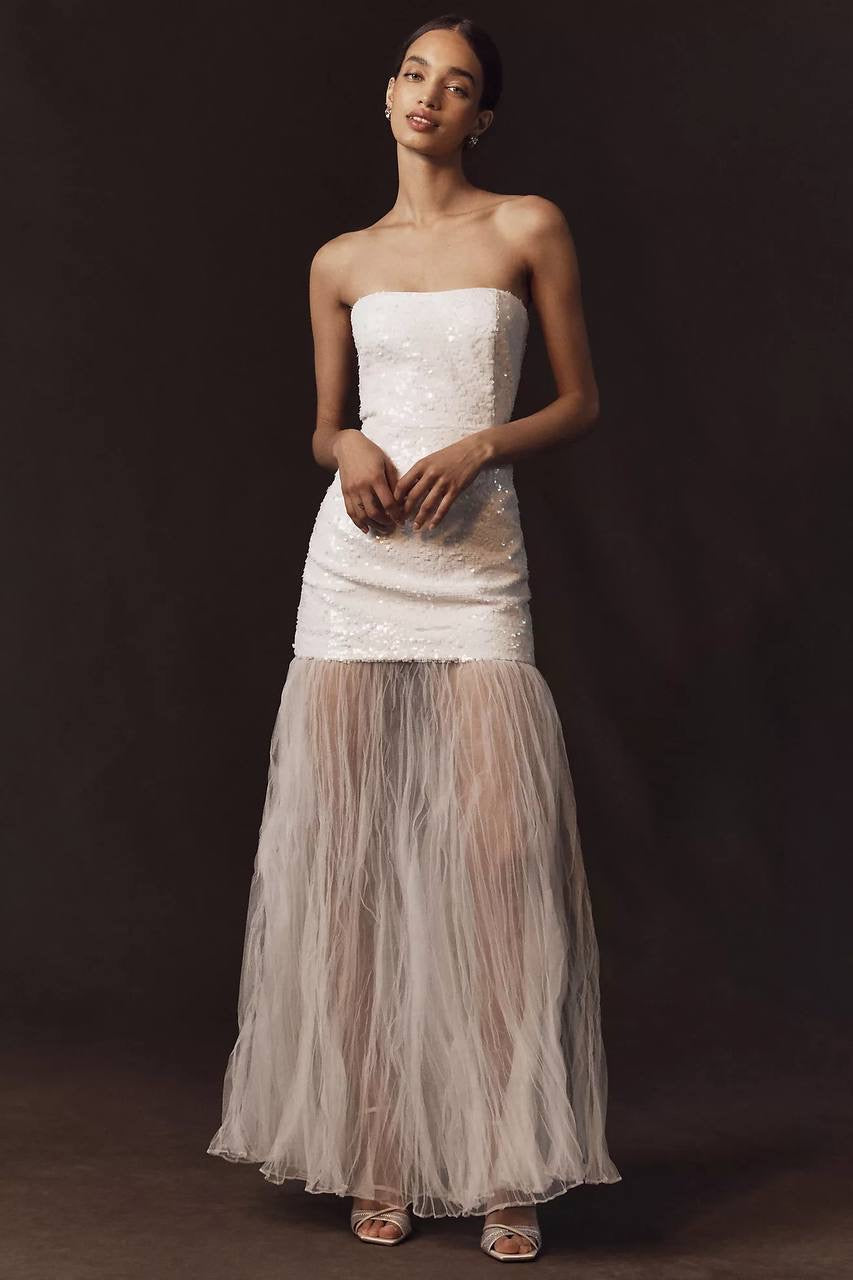 SJ Illusion Contrast Sequinned Bandeau Bodice Sheer Mermaid Skirt Maxi Dress